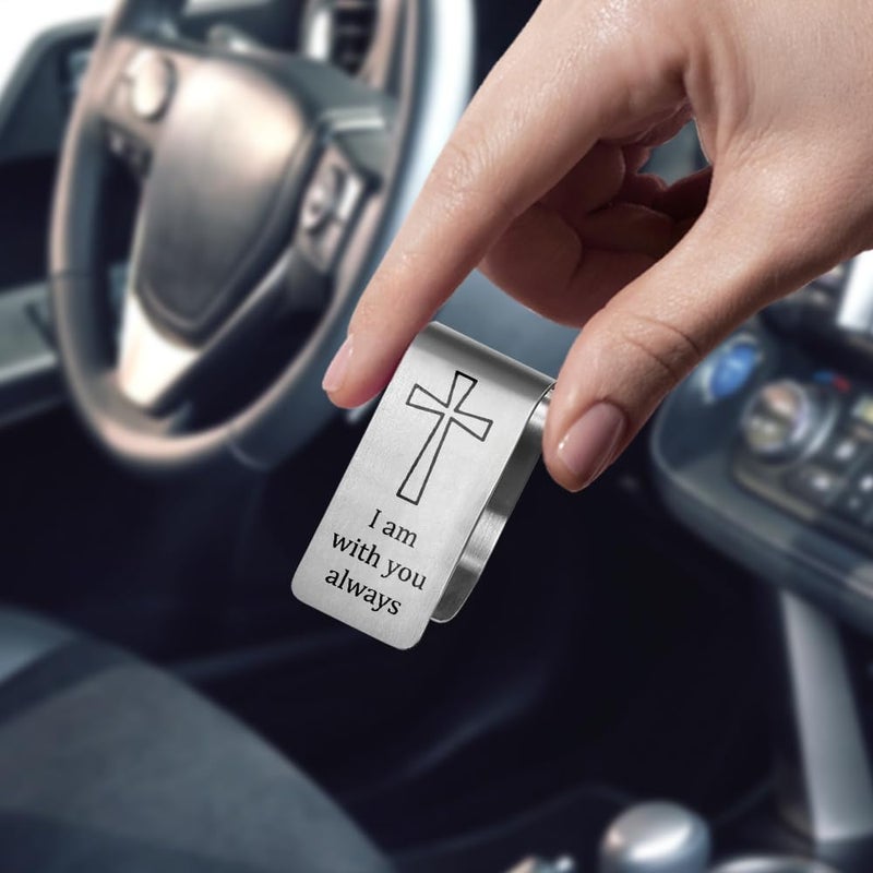PUVOXHO I Am with You Always Engraved Stainless Steel Car Visor Clip, Travels Visor Car Accessories, Driving Safety Prayer Religious Gifts for Parent Family Friend, New Driver Gifts - Image 3